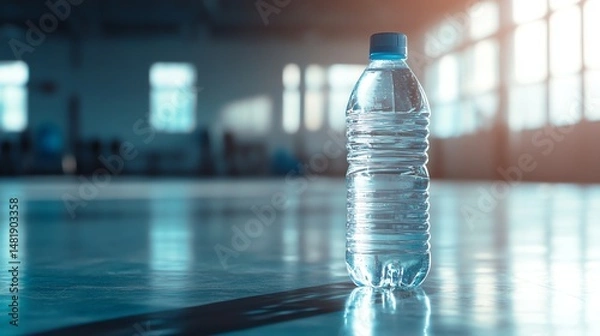 Fototapeta A clear water bottle rests on a textured gym floor.