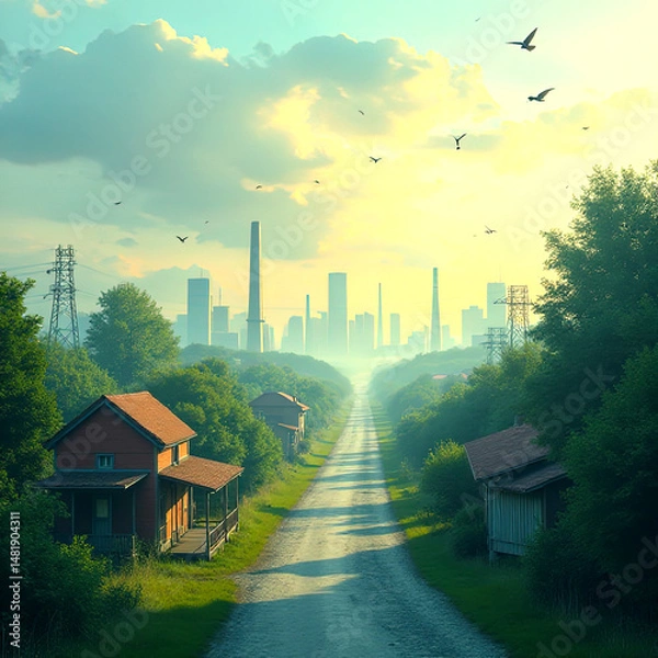 Fototapeta Exploring Urban Decay: A Silhouetted Figure Amidst Smog and Shadows in a Gritty Cityscape. A concept regarding pollution in the environment of human being.