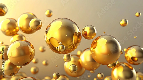 Fototapeta golden oil bubble elements floating 3d liquid shapes rendering