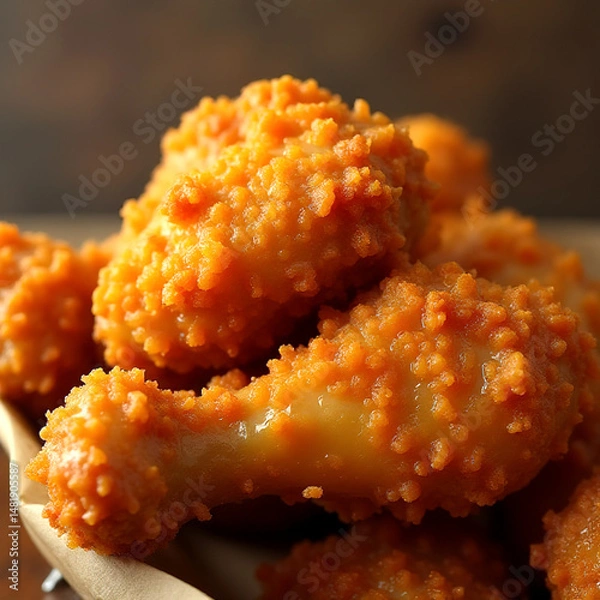 Fototapeta Crispy fried chicken served with golden fries, shredded cheese, and ketchup on wooden table