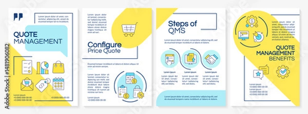Obraz Quote management process blue and yellow brochure layout. Price calculation. Business goal. Leaflet advertising design with color line icons. Editable 4 pages. Questrial, Lato-Regular fonts used