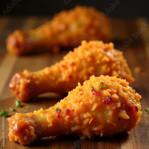 Fototapeta Crispy fried chicken served with golden fries, shredded cheese, and ketchup on wooden table
