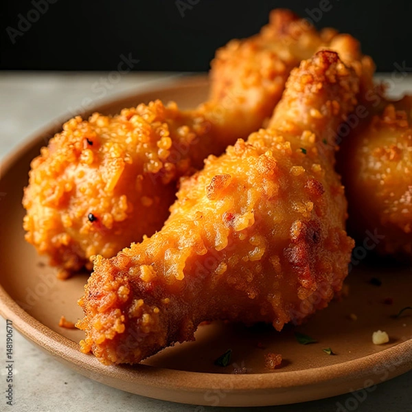 Fototapeta Crispy fried chicken served with golden fries, shredded cheese, and ketchup on wooden table
