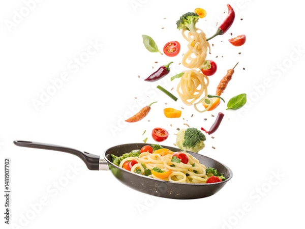 Fototapeta A pan of food with vegetables and pasta is being tossed in the air. The vegetables include broccoli, peppers, and tomatoes