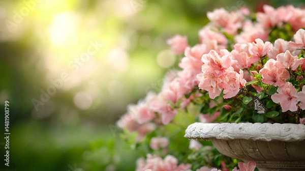 Obraz A serene garden filled with blooming flowers and lush greenery, where butterflies flutter through the peaceful air, drawn to the refreshing calm.