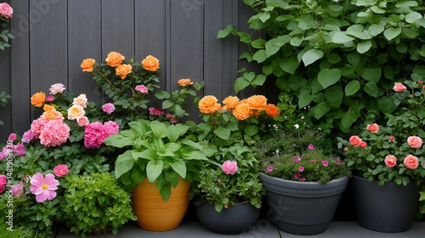 Obraz A lively row of potted flowering plants adds bursts of color along a dark gray wooden fence, creating a cheerful and inviting garden scene.