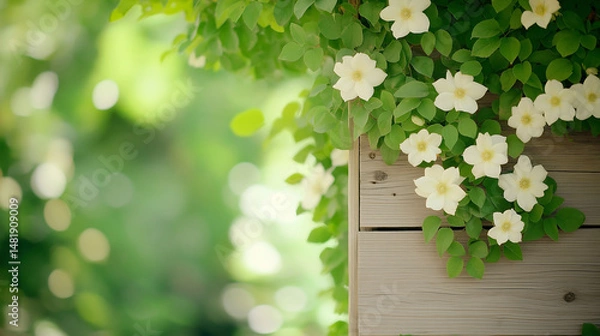 Obraz Soft white flowers bloom against lush green leaves, creating a dreamy and elegant scene with a gentle, light-filled background.