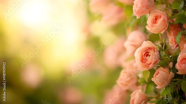 Obraz Soft peach roses bloom against lush green leaves, creating a dreamy and elegant scene with a gentle, light-filled background.