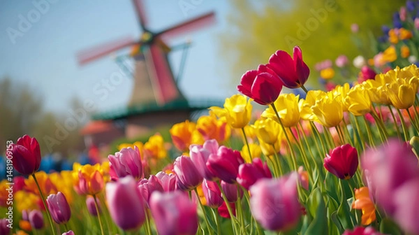 Obraz Colorful tulips bloom brightly near a traditional windmill, creating a timeless and picturesque landscape full of charm and natural beauty.