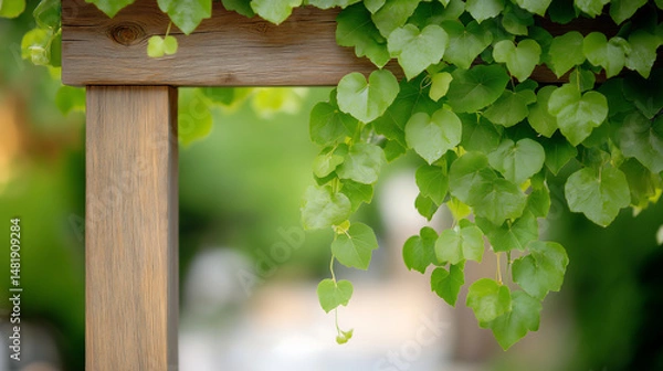 Obraz A charming trellis adorned with climbing plants and vibrant green vines, forming a striking garden centerpiece against a softly blurred, tranquil background.