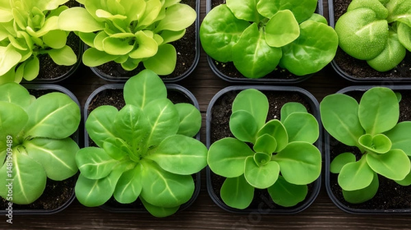 Obraz Seed trays filled with tiny green sprouts are neatly arranged in rows, capturing the early stages of plant life and the care taken to nurture future garden growth.