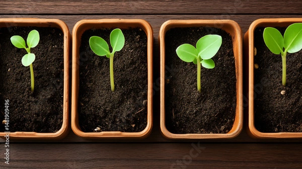 Obraz Seed trays filled with tiny green sprouts are neatly arranged in rows, capturing the early stages of plant life and the care taken to nurture future garden growth.