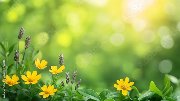 Obraz Soft yellow wild flowers bloom against lush green leaves, creating a dreamy and elegant scene with a gentle, light-filled background.