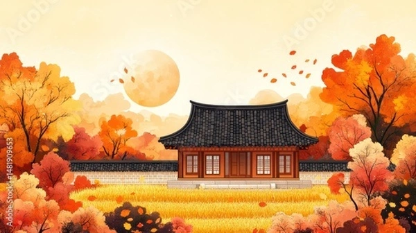 Fototapeta Korean House in Autumn Landscape with Trees and Leaves