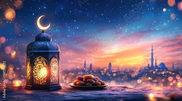 Fototapeta Lantern and Dates with Cityscape Background for Ramadan