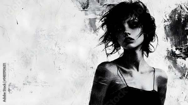 Obraz Moody Grunge Portrait of Woman in Black and White, Generative AI
