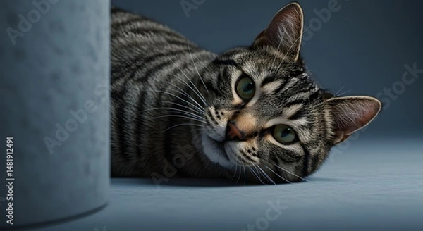 Fototapeta Tabby Cat Resting Head with Green Eyes Indoor