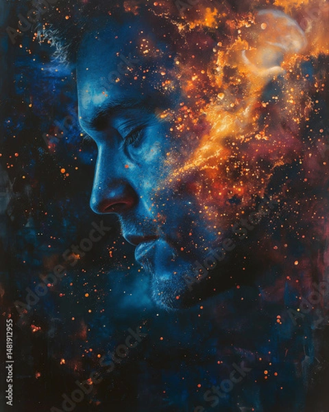 Obraz portrait of a person with a glowing mind, thoughts turning into stars and constellations
