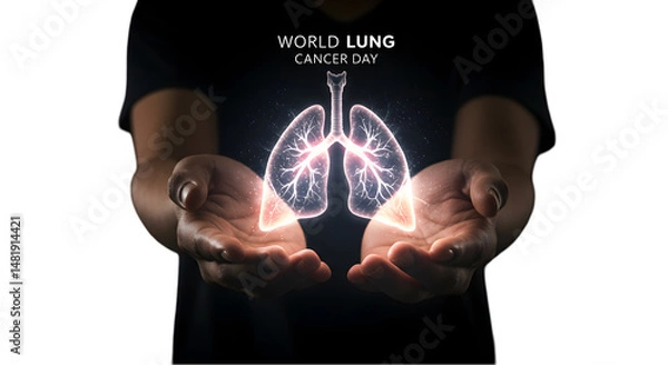 Fototapeta Empowering Hands Gently Cradling Illuminated Lungs Symbolizing Hope on World Lung Cancer Day Awareness