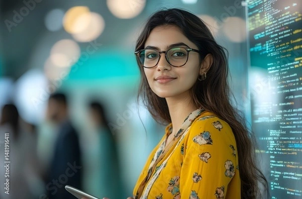 Fototapeta a young professional woman with glasses is posing for the photo, She has a tablet in her hand and standing near a glass wall
