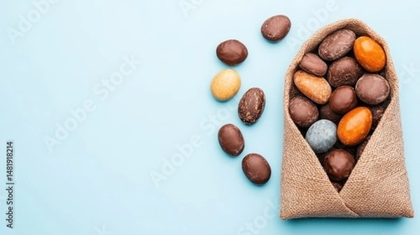 Obraz A bag of pebbles thatâ€™s filled with tiny chocolate truffles.
