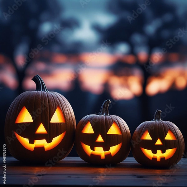 Fototapeta Glowing Jack-o'-Lanterns on Wood at Twilight – Halloween Pumpkins with Warm Candlelight Glow