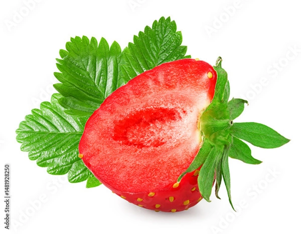 Obraz Sliced strawberry with green leaves isolated on white background. macro. clipping path