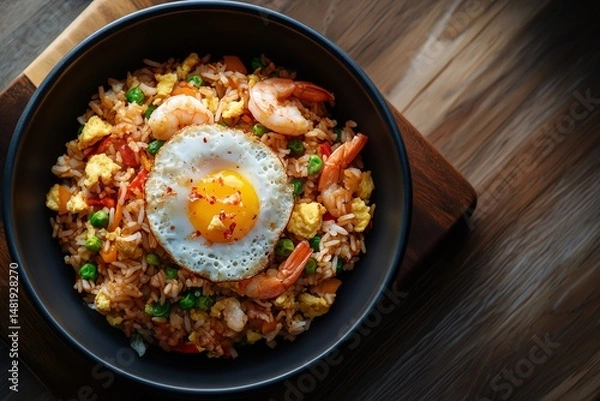 Obraz Delicious shrimp fried rice with egg topping.