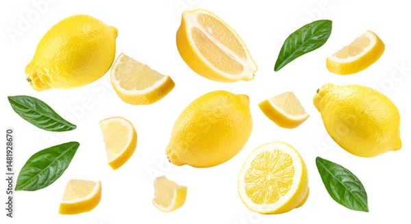 Obraz sliced lemon with leaves isolated on white background. clipping path