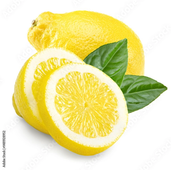 Obraz sliced lemon with leaves isolated on white background. clipping path