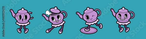 Fototapeta Set of cute purple teapot cartoon characters in retro rubber hose style. Each teapot has a different facial expression and pose, perfect for children’s content, animation projects, mascots, or whimsic