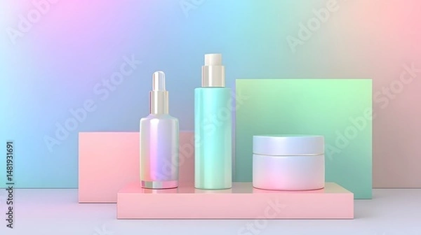 Fototapeta Pastel skincare product packaging displayed on a softly gradient surface showcasing various cosmetic containers in soft hues