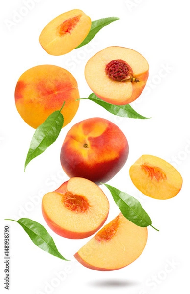 Fototapeta flying nectarine with green leaves isolated on white background. clipping path