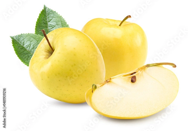 Fototapeta yellow apples with green leaves isolated on white background. clipping path