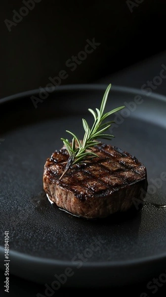 Obraz Grilled steak with rosemary garnish on plate.