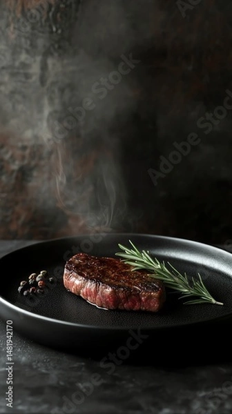 Obraz Juicy steak served on black plate with herbs.
