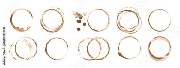 Fototapeta Coffee or tea stain drink cup rings vector illustration set isolated on white background. Coffee stain marks ring cup spot trace. Brown round splashes of drink collection.