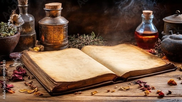 Obraz Old book surrounded by herbs and potions.
