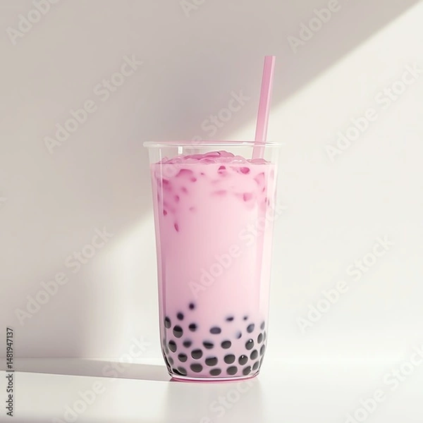 Obraz Refreshing pink bubble tea in clear cup.