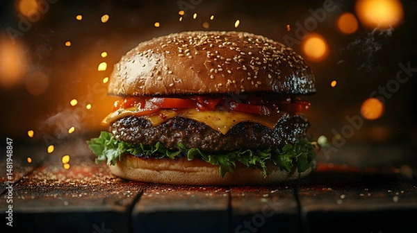 Fototapeta Deliciously presented cheeseburger on rustic wooden planks.