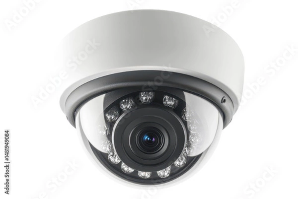 Obraz Indoor surveillance camera with white dome housing displayed on a crisp white transparent background