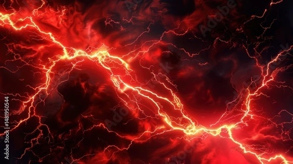Fototapeta Red lightning strikes dark sky; fiery background, digital art