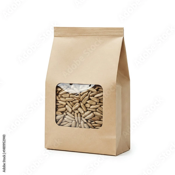 Obraz Natural packaging of sunflower seeds in a minimalist paper bag at a local market with clear window display