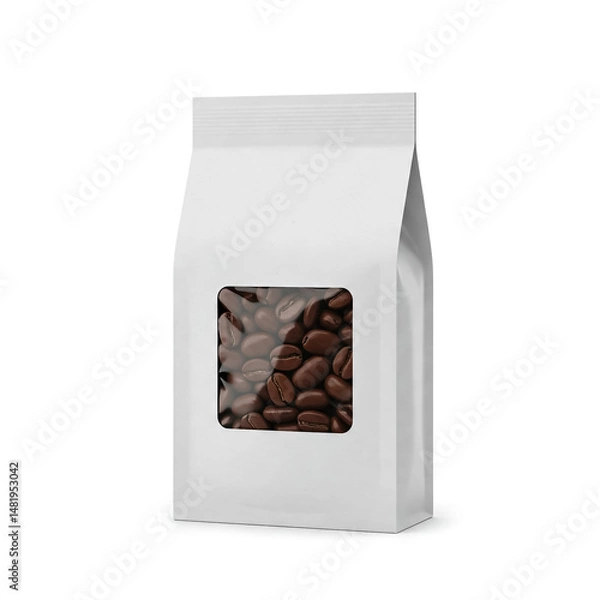 Obraz Freshly roasted coffee beans packed in a minimalist white bag for a sustainable coffee experience