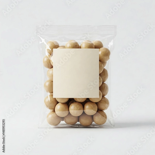 Obraz Wooden balls packaged in a clear bag with a blank label, ideal for crafting or educational activities in various settings