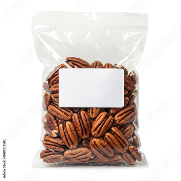 Obraz Pecans in clear plastic bag ready for sale at market during afternoon shopping hours