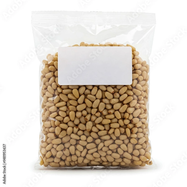 Obraz Packaged pine nuts ready for culinary use in a clear plastic bag with blank label