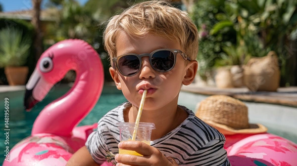 Obraz Cute little boy drinking juice from a straw in the swimming pool