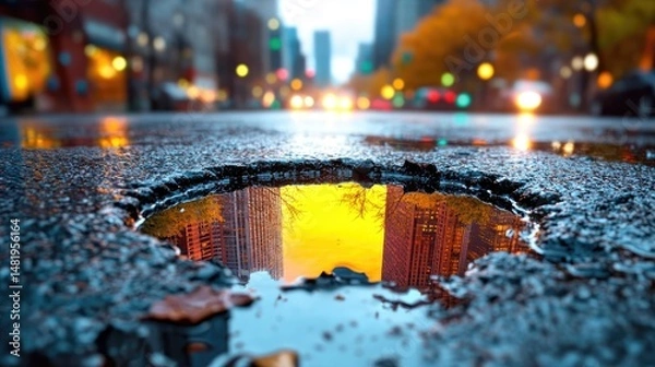 Obraz A flipped city captured in the reflection of a streetlight on a rainy evening