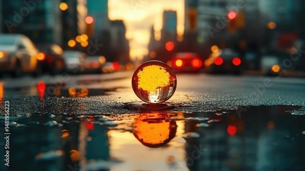 Obraz A flipped city captured in the reflection of a streetlight on a rainy evening